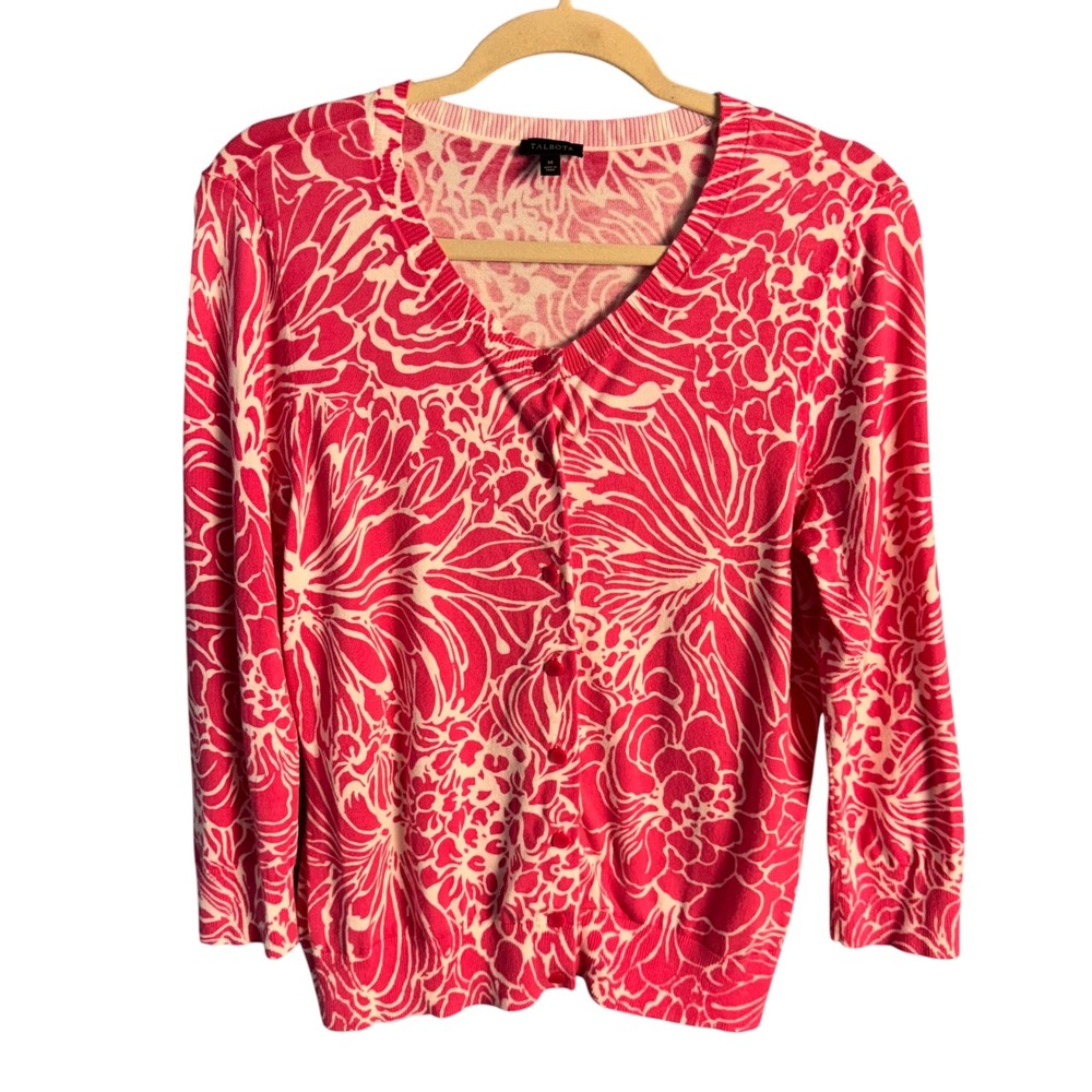 Talbots Pink and Cream Floral V-Neck Button-Front Cardigan
